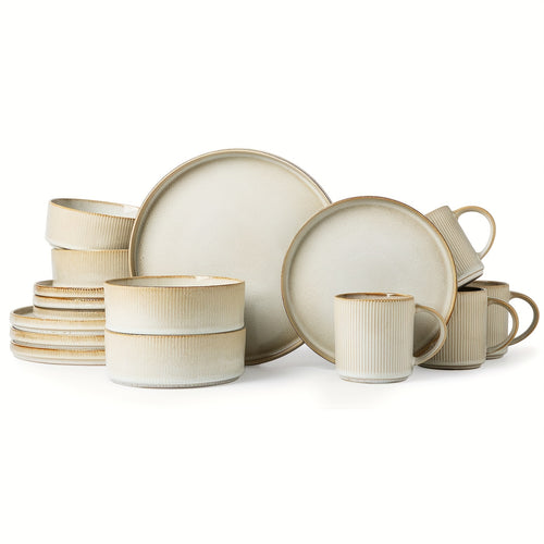 16pcs Beige Striped Ceramic Dinnerware, European Classical Style Dinnerware Set, Plate Spaghetti Bowl Soup Bowl Stoneware Set, Modern High-End Ceramic Tableware Elegant And Exquisite, Suitable for Parties, Weddings, Family Dinners, Or As Gifts