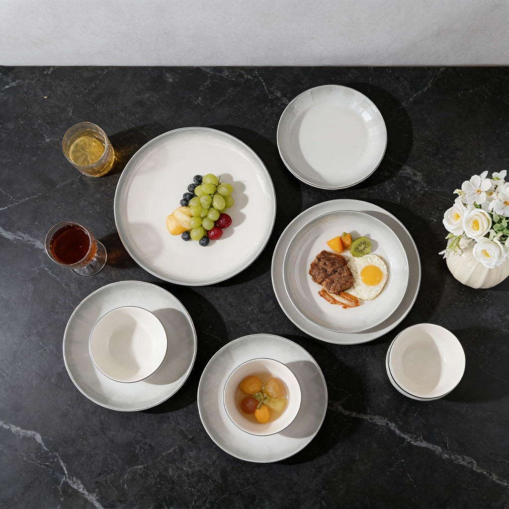 8\u002F16pcs Ceramic Dinnerware Set, Including Steak Plates And Salad Bowls, Featuring A Minimalist And Elegant Design. Can Hold Serving Steaks, Turkey, And Other Delicacies In Restaurants, Hotels, And Other Venues. Commercial And Household Tableware