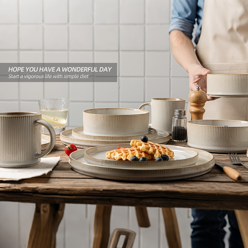 16pcs Beige Striped Ceramic Dinnerware, European Classical Style Dinnerware Set, Plate Spaghetti Bowl Soup Bowl Stoneware Set, Modern High-End Ceramic Tableware Elegant And Exquisite, Suitable for Parties, Weddings, Family Dinners, Or As Gifts