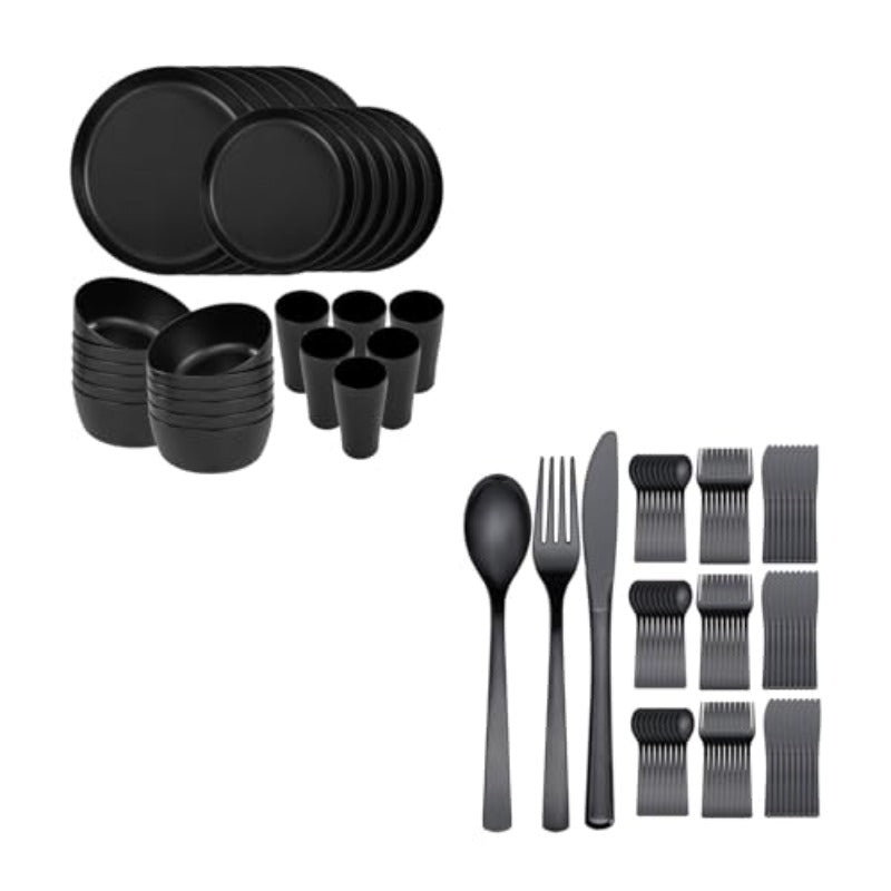 xwlEI 360pcs Black Plastic SilverwareDisposable Cutlery Silverware Heavy Duty 24pcs Black Wheat Straw Plates With Wheat Straw Dinnerware Set Plates and Bowls Sets Reuasble Plate Unbreakable Dinner Plate