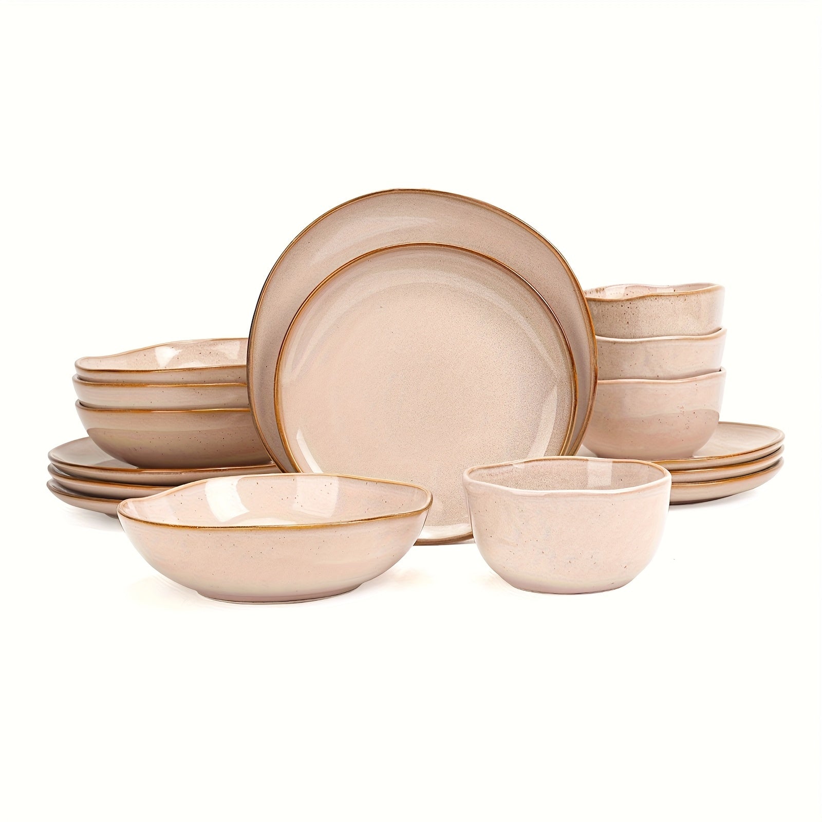 Highland 16pcs Dinnerware Set, Unique Organic Shape Double Bowl, Stoneware Plate & Bowl Dish Set Service for 4, Scratch Resistant, Microwave & Dishwasher Safe, Natural Reactive Glaze