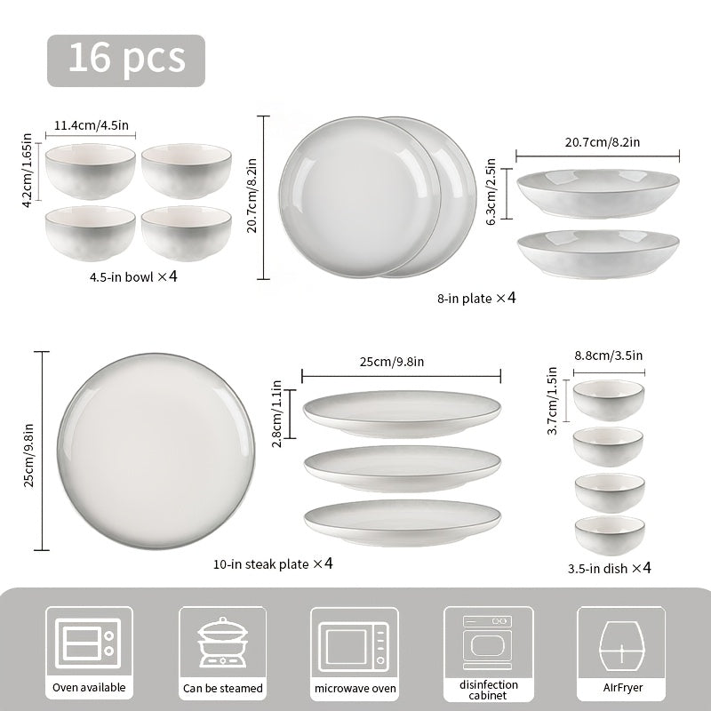 8\u002F16pcs Ceramic Dinnerware Set, Including Steak Plates And Salad Bowls, Featuring A Minimalist And Elegant Design. Can Hold Serving Steaks, Turkey, And Other Delicacies In Restaurants, Hotels, And Other Venues. Commercial And Household Tableware
