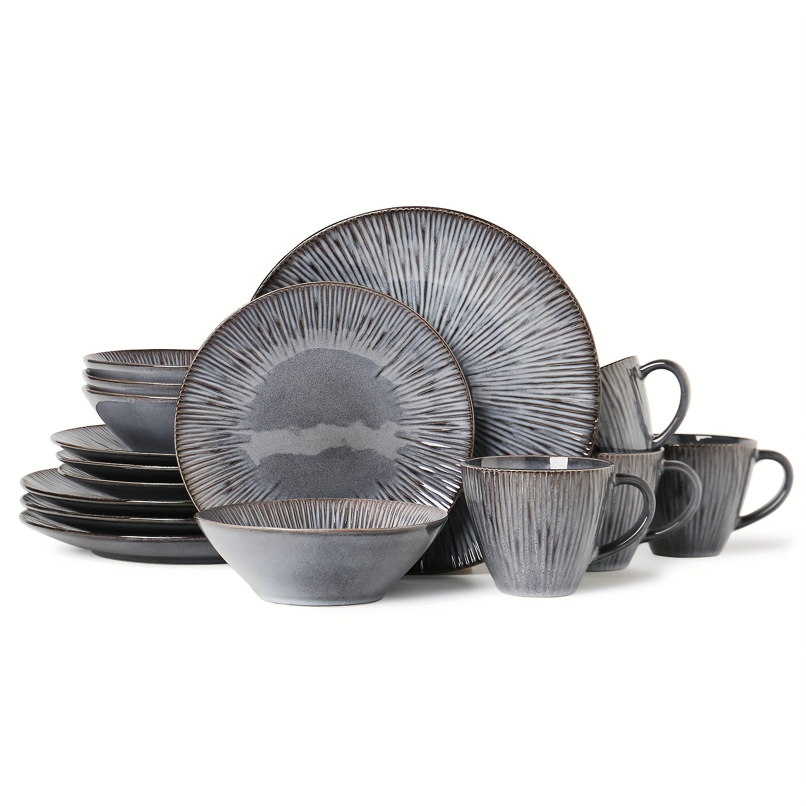 16pcs Beige Striped Ceramic Dinnerware, European Classical Style Dinnerware Set, Plate Spaghetti Bowl Soup Bowl Stoneware Set, Modern High-End Ceramic Tableware Elegant And Exquisite, Suitable for Parties, Weddings, Family Dinners, Or As Gifts