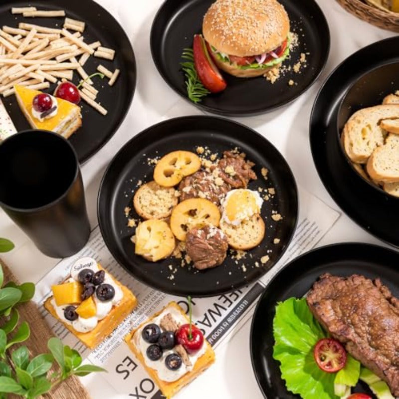 xwlEI 360pcs Black Plastic SilverwareDisposable Cutlery Silverware Heavy Duty 24pcs Black Wheat Straw Plates With Wheat Straw Dinnerware Set Plates and Bowls Sets Reuasble Plate Unbreakable Dinner Plate