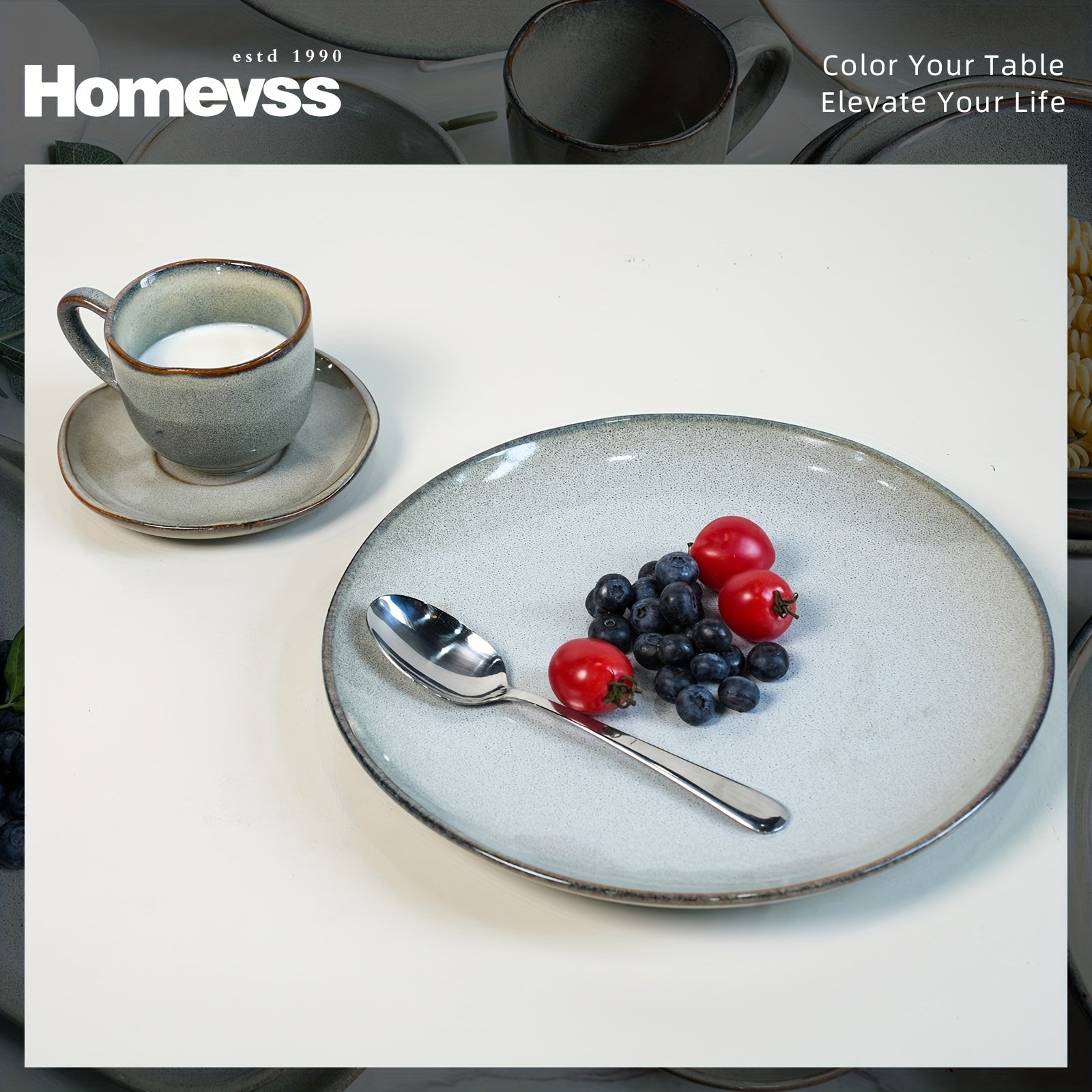 Highland 16pcs Dinnerware Set, Unique Organic Shape Double Bowl, Stoneware Plate & Bowl Dish Set Service for 4, Scratch Resistant, Microwave & Dishwasher Safe, Natural Reactive Glaze