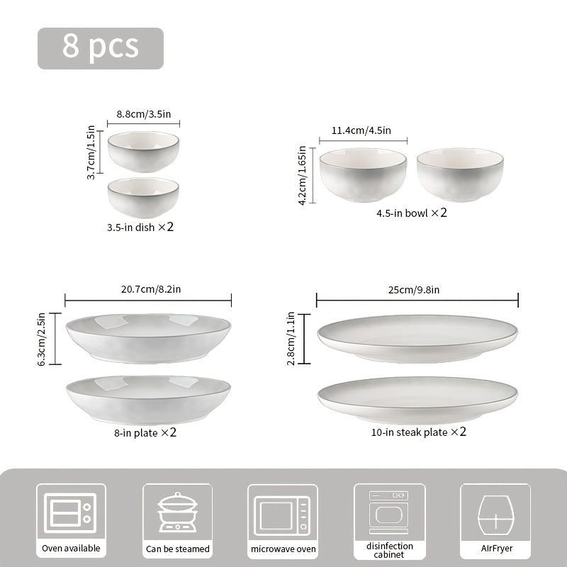 8\u002F16pcs Ceramic Dinnerware Set, Including Steak Plates And Salad Bowls, Featuring A Minimalist And Elegant Design. Can Hold Serving Steaks, Turkey, And Other Delicacies In Restaurants, Hotels, And Other Venues. Commercial And Household Tableware