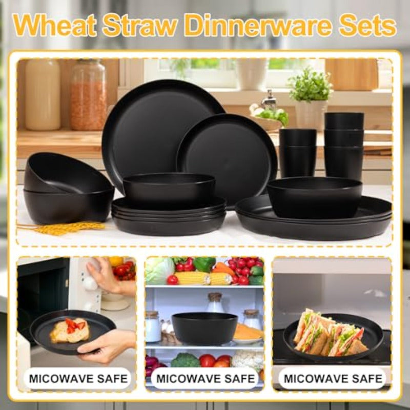 xwlEI 360pcs Black Plastic SilverwareDisposable Cutlery Silverware Heavy Duty 24pcs Black Wheat Straw Plates With Wheat Straw Dinnerware Set Plates and Bowls Sets Reuasble Plate Unbreakable Dinner Plate