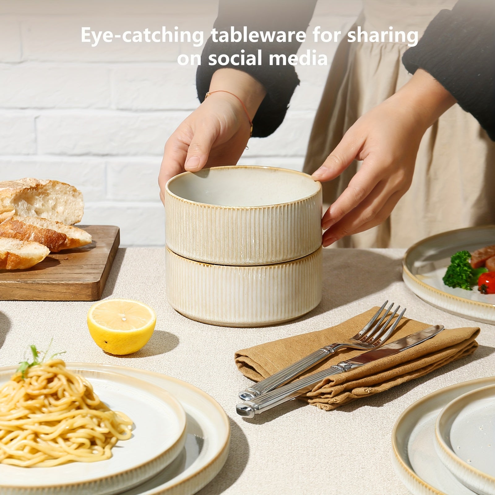 12pcs Modern Elegant Cream Beige Ceramic Dinnerware Set with Striped Plates & Bowls - Microwave & Dishwasher Suitable for Gifts, Weddings, Parties, Holiday Tableware for Spaghetti, Soup, Desserts - Multi-Use Stoneware for Dining