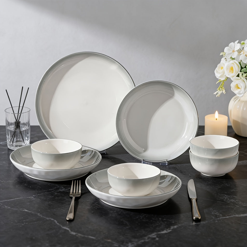 8\u002F16pcs Ceramic Dinnerware Set, Including Steak Plates And Salad Bowls, Featuring A Minimalist And Elegant Design. Can Hold Serving Steaks, Turkey, And Other Delicacies In Restaurants, Hotels, And Other Venues. Commercial And Household Tableware