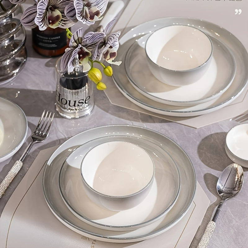 8\u002F16pcs Ceramic Dinnerware Set, Including Steak Plates And Salad Bowls, Featuring A Minimalist And Elegant Design. Can Hold Serving Steaks, Turkey, And Other Delicacies In Restaurants, Hotels, And Other Venues. Commercial And Household Tableware