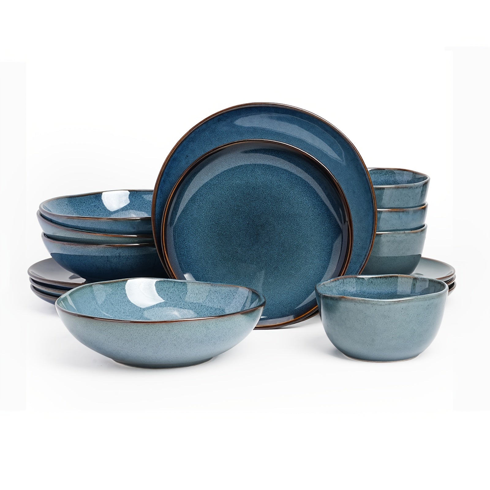 Highland 16pcs Dinnerware Set, Unique Organic Shape Double Bowl, Stoneware Plate & Bowl Dish Set Service for 4, Scratch Resistant, Microwave & Dishwasher Safe, Natural Reactive Glaze