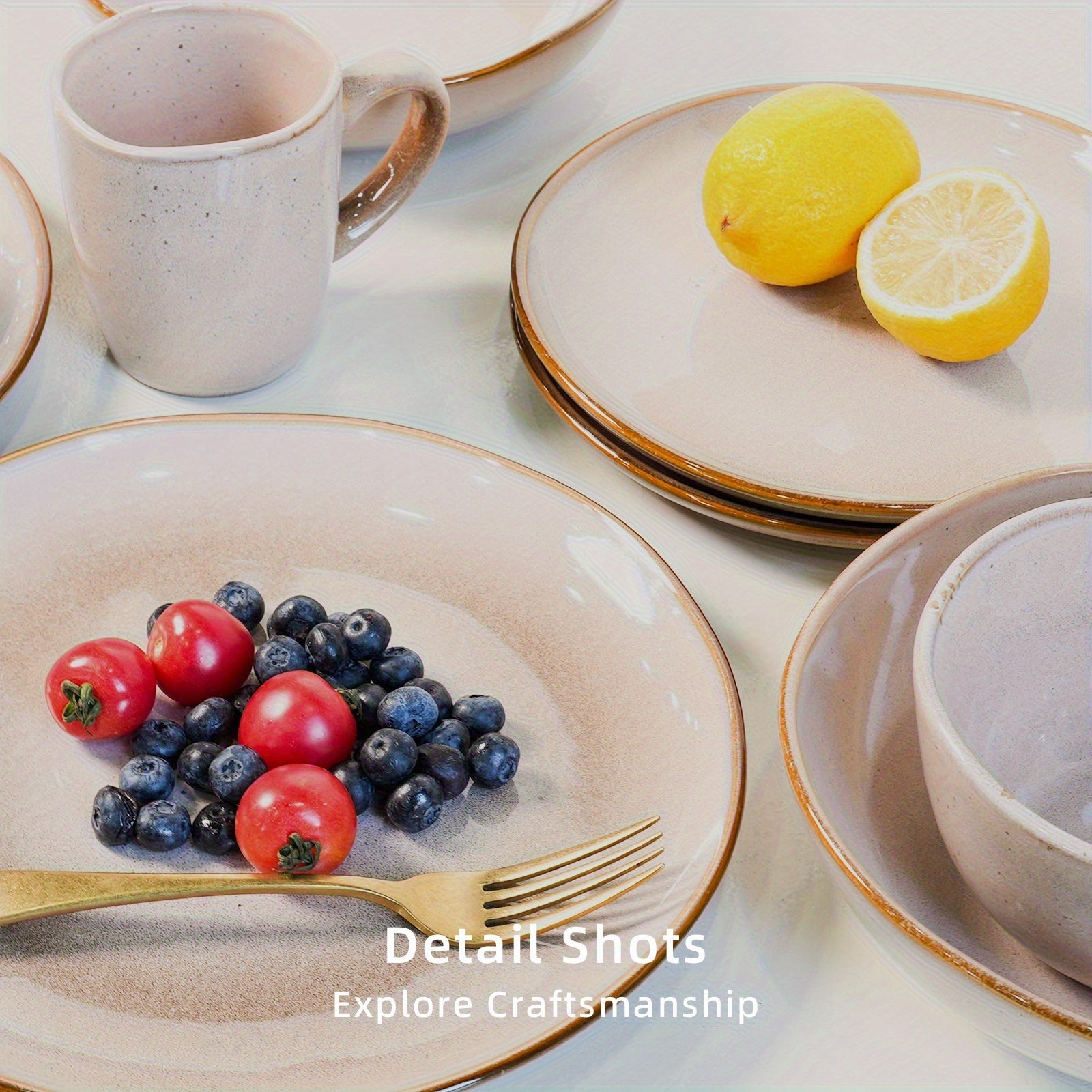 Highland 16pcs Dinnerware Set, Unique Organic Shape Double Bowl, Stoneware Plate & Bowl Dish Set Service for 4, Scratch Resistant, Microwave & Dishwasher Safe, Natural Reactive Glaze