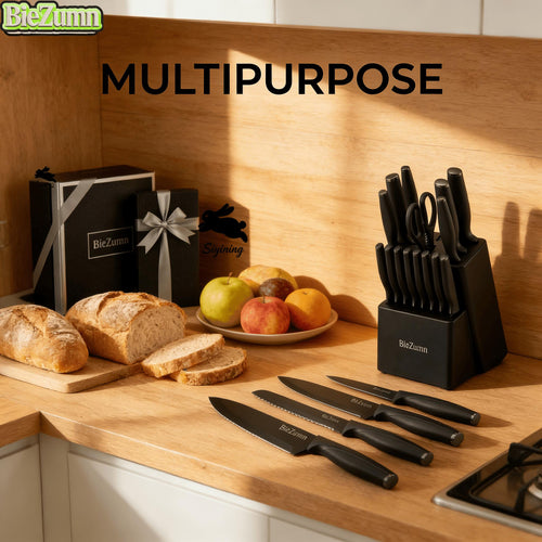 14pcs Professional Kitchen Knife Collection - Extremely Sharp Stainless Steel Chef'S Knife, Meat Cleaver, Slicing Knife, Peeler, And Scissors - Non-Stick Ergonomic Handles, Ideal for Home And Travel, Comes with Knife Holder