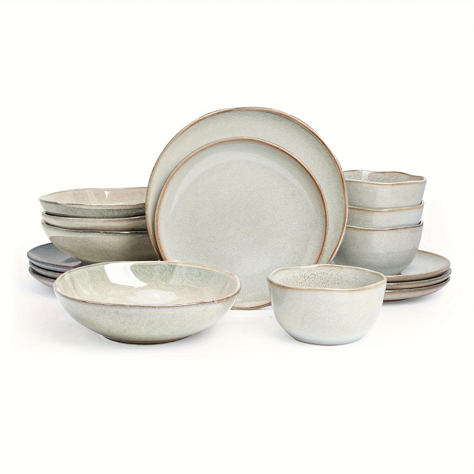 Highland 16pcs Dinnerware Set, Unique Organic Shape Double Bowl, Stoneware Plate & Bowl Dish Set Service for 4, Scratch Resistant, Microwave & Dishwasher Safe, Natural Reactive Glaze