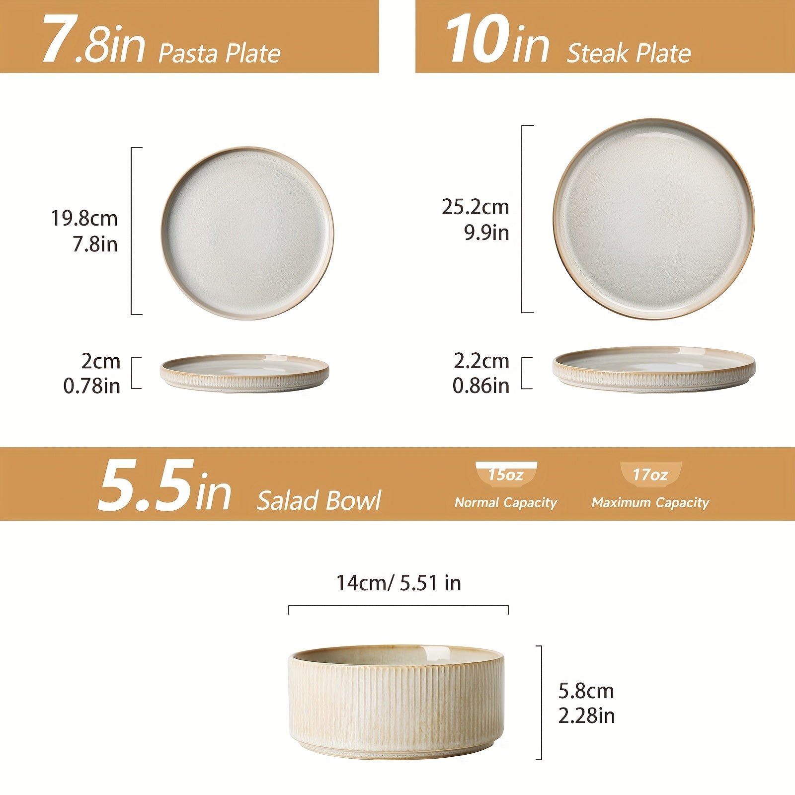 12pcs Modern Elegant Cream Beige Ceramic Dinnerware Set with Striped Plates & Bowls - Microwave & Dishwasher Suitable for Gifts, Weddings, Parties, Holiday Tableware for Spaghetti, Soup, Desserts - Multi-Use Stoneware for Dining