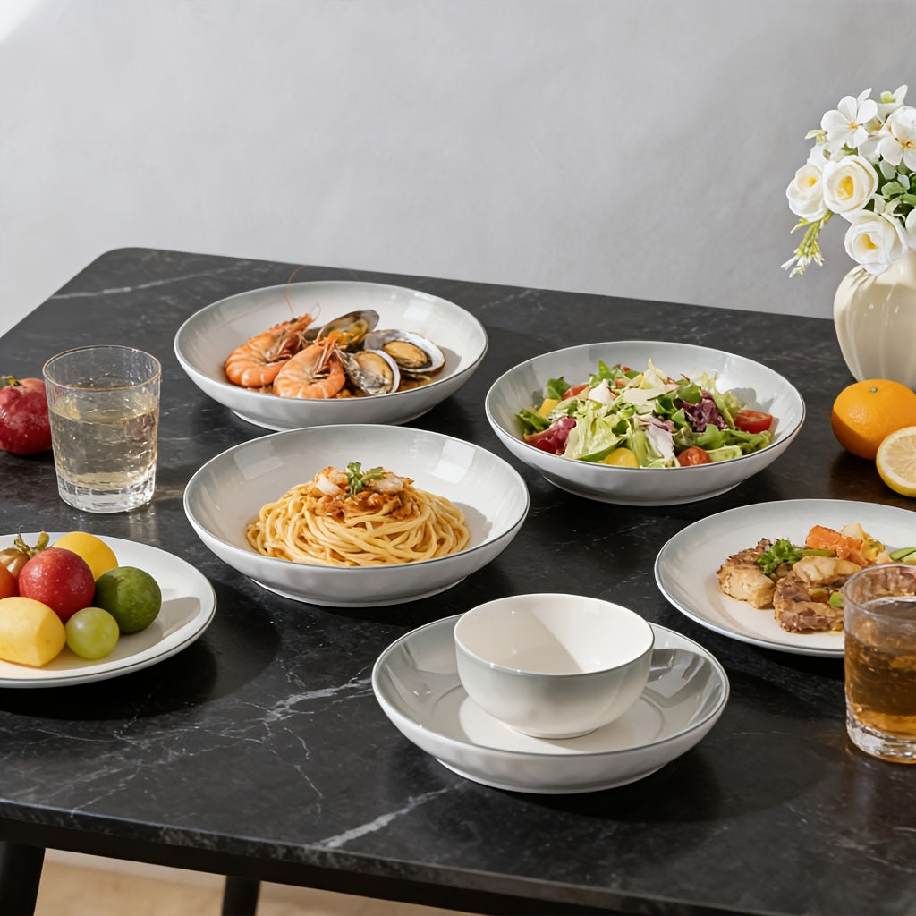 8\u002F16pcs Ceramic Dinnerware Set, Including Steak Plates And Salad Bowls, Featuring A Minimalist And Elegant Design. Can Hold Serving Steaks, Turkey, And Other Delicacies In Restaurants, Hotels, And Other Venues. Commercial And Household Tableware