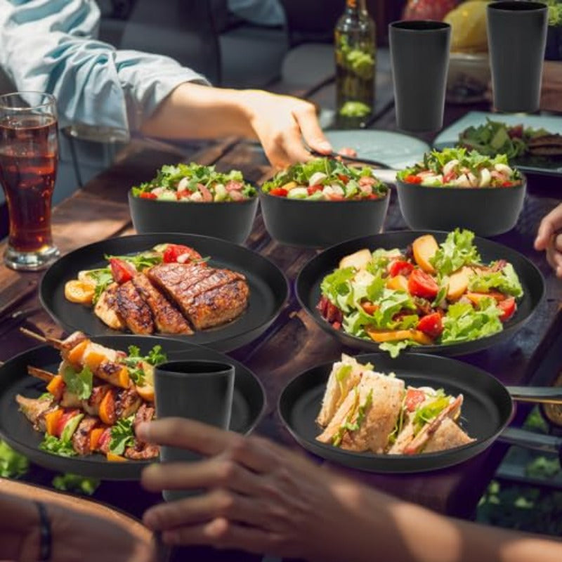 xwlEI 360pcs Black Plastic SilverwareDisposable Cutlery Silverware Heavy Duty 24pcs Black Wheat Straw Plates With Wheat Straw Dinnerware Set Plates and Bowls Sets Reuasble Plate Unbreakable Dinner Plate