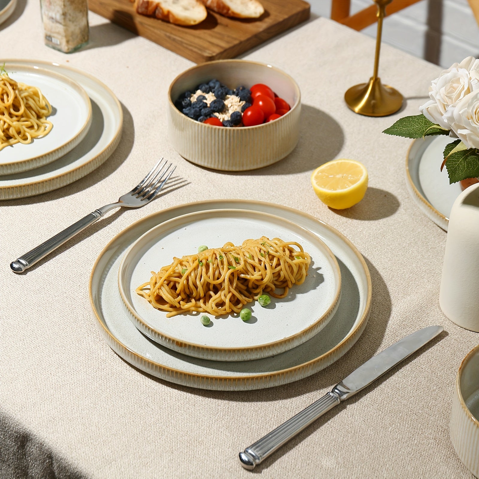 12pcs Modern Elegant Cream Beige Ceramic Dinnerware Set with Striped Plates & Bowls - Microwave & Dishwasher Suitable for Gifts, Weddings, Parties, Holiday Tableware for Spaghetti, Soup, Desserts - Multi-Use Stoneware for Dining